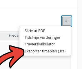 Bilde av dropdown meny, med pil som peker på kalendereksport